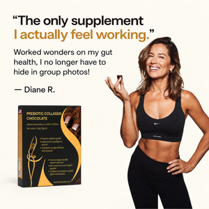 Customer testimonial graphic featuring a woman holding a chocolate square beside a Nourrish chocolate box.