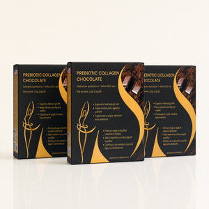 Three black and gold boxes of Nourrish prebiotic collagen chocolate on a cream background.