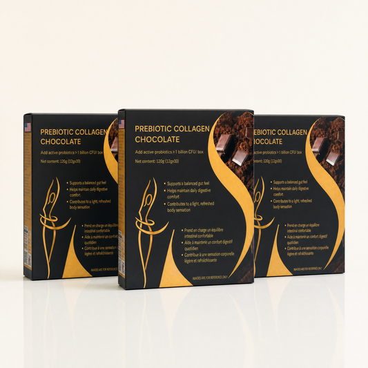 Three black and gold boxes of Nourrish prebiotic collagen chocolate on a cream background.