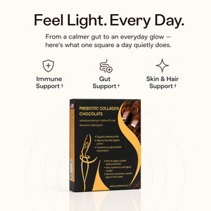 Nourrish chocolate box beneath Feel Light. Every Day., with one square a day and immune, gut, skin and hair support captions.