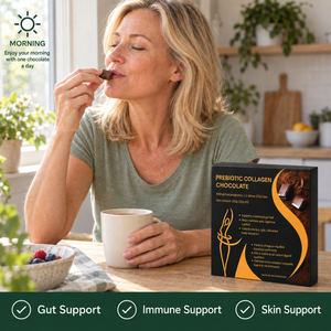 A blonde woman enjoying one Nourrish chocolate square in the morning beside the black-and-gold box, with gut, immune and skin support captions.